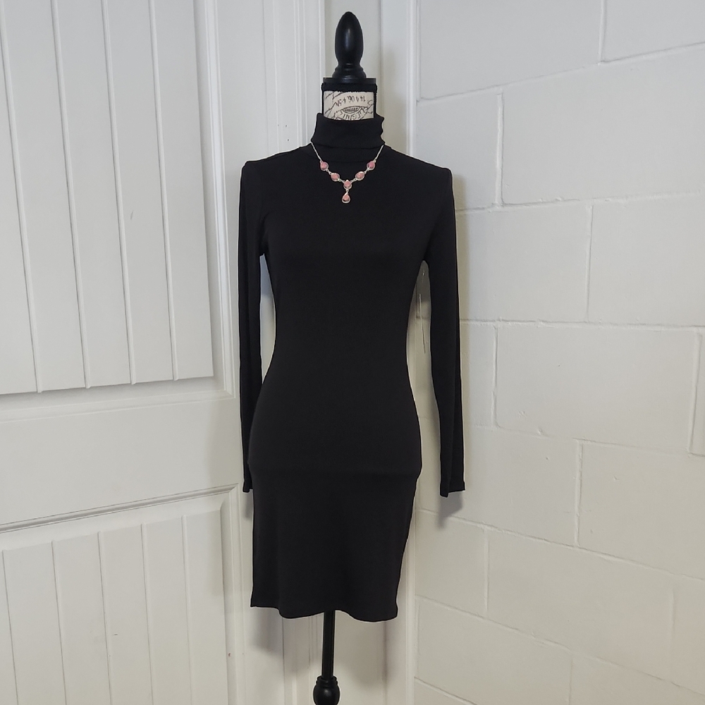 NWT Solid Black Ribbed Turtleneck Dress Small Or XS